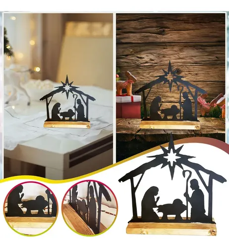LOVIVER Belén De Metal Con Base De Madera: Pesebre Artesanal Católico De 35cm, Regalo Navideño Tradicional