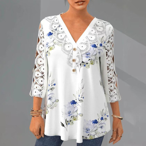 Camisa Casual Holgada De Manga Corta Con Cuello En V Y Encaj