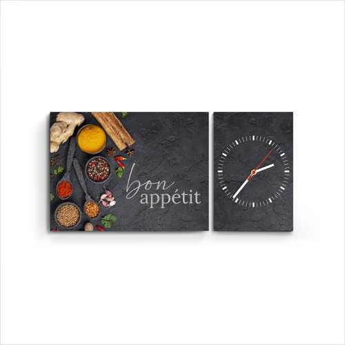 Reloj De Pared Diptico Cocina Diseño Frase Bon Appetit Deco
