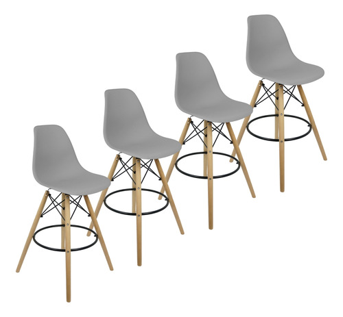 Kit 4 Banquetas Charles Eames Eiffel Wood Design Base Fixa Cor Cinza