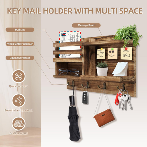 Soporte De Llaves Y Correo De Madera Para Pared
