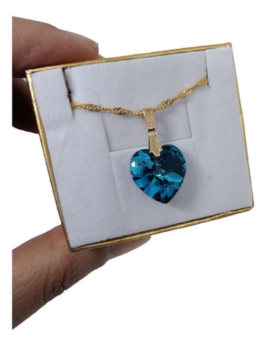 Colar Coração Cristal Swarovski Bermuda Blue Folheado A Ouro