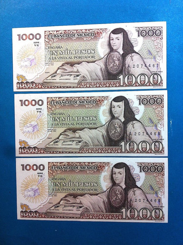 3 Billetes Sor Juana Inés 1000 Pesos 1985 Unc  Consecutivos