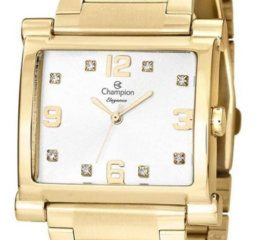 Relogio Feminino Dourado Champion Quadrado Com Pedras Cn2693