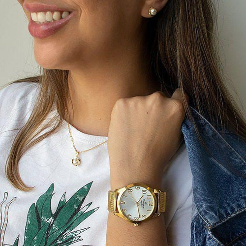 Relógio Champion Feminino Dourado Prova D' Água + Kit Brinco