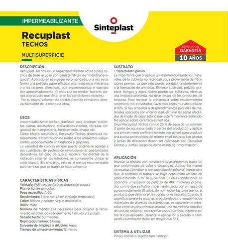 Recuplast Techos Sinteplast Impermeabilizante 10 Litros