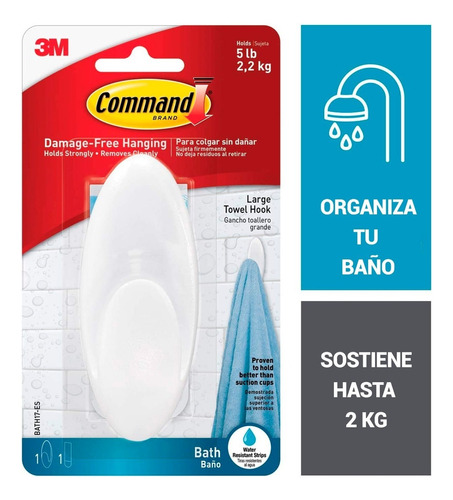 Gancho Baño Tolla Oval Percha Pared 3m Command Blister 2kg Color Blanco