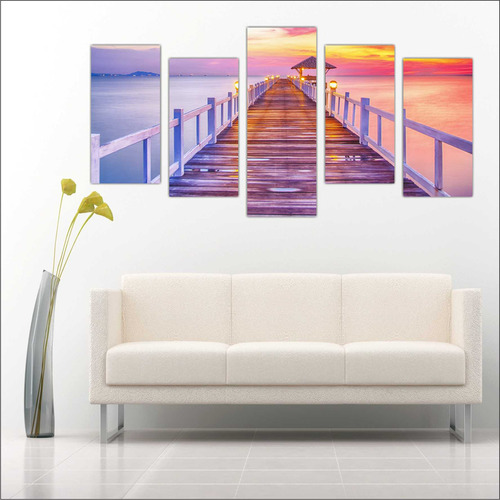 Quadro Decorativo Praia Mar Ponte Mosaico 5 Peças Salas