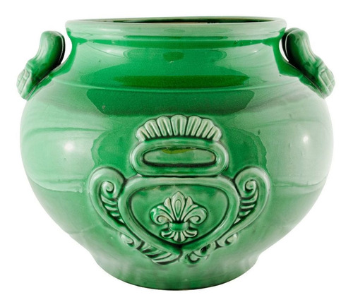 Cachepot Cerâmica Brilhante Com Pintura Verde Tipo Estonada