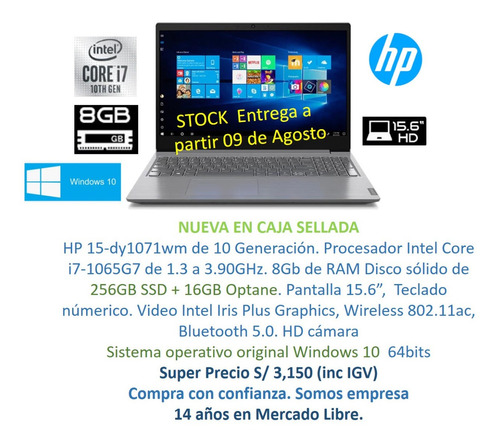 Hp Nueva Core I7 1065g7 10ma, 8gb Ram, Ssd, 15.6 Hd, S/3250