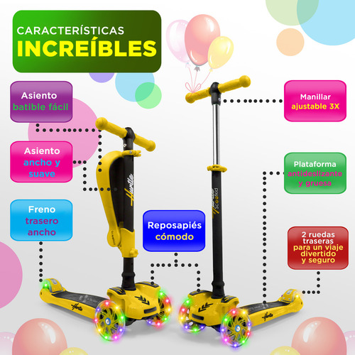 Hurtle Scooter con Luces para Niños Patin del Diablo de 3 Ruedas con Asiento y Altura Ajustable para Niñas y Niños de 1 Año en Adelante