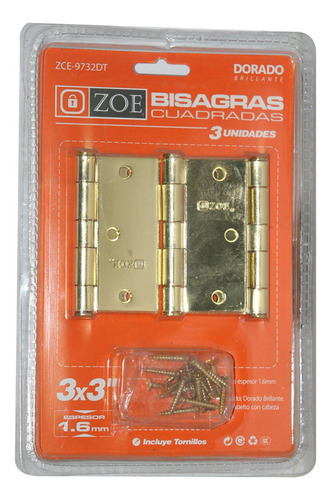 Bisagra Metalica 3''x3''x1.6mm Dorado Brillante