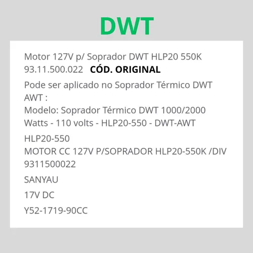 Motor Soprador 127v Dwt Hlp20550k Sanyau 17vdc Y52-1719-90cc Motor Soprador 127v Dwt Hlp20550k Sanyau 17vdc Y52-1719-90cc
