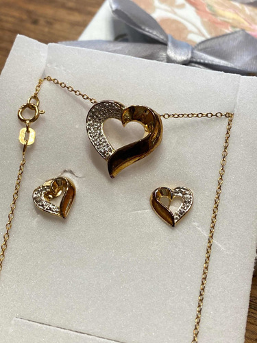 Set Caravanas Cadena Plata 925 Oro Diamante Luli Corazon Col