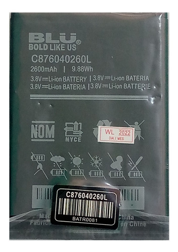 Bateria Blu Bold Like Us  C876040260l 3.8 V 2600 Mah 9.88 Wh