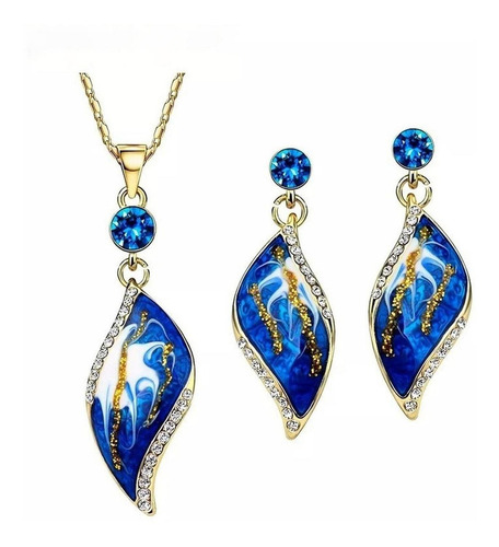 Fino collar y aretes hoja Swarovski oro 18k Lam estuche color azul