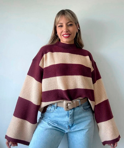 Poleron Invierno Lana Frizz Casual Buzo Rayado Sweater