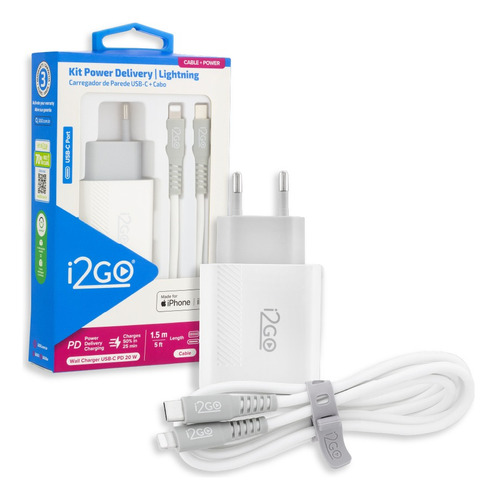 Carregador Turbo 20w 1 Usb-c + Cabo Lightning mfi I2go 1,5m Cor Branco