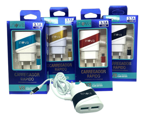 Kit 10 Carregador Inova Prime 3.1a V8 2 Usb Atacado Cor Branco