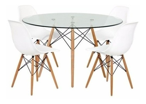  Juego Comedor Mesa Redonda Vidrio 100cm + 4 Sillas Eames Ct