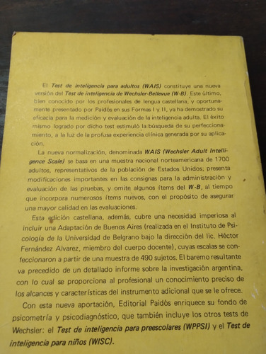 Test Inteligencia Para Adultos (wais). Manual Paidos. Olivos (Usado)