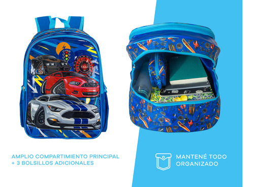 Mochilas Escolar Reforzada 3 Bolsillos Nene Varon Primaria Color Azul Diseño De La Tela Autos