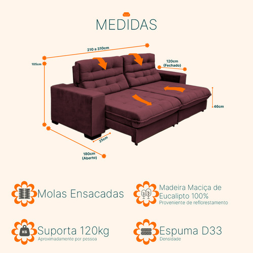 Sofá Retrátil e Reclinável 3,10m Molas Ensacadas Pillow Top Suede New Califórnia Vinho