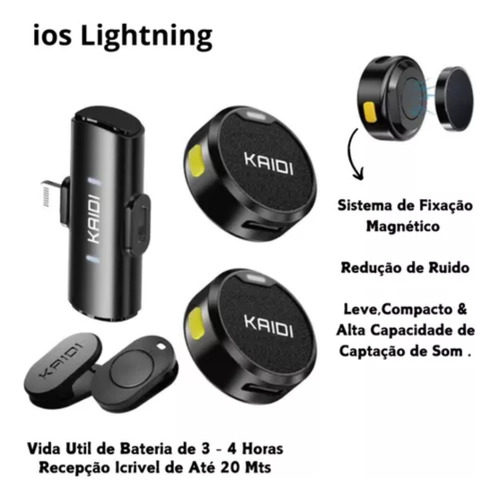 Kaidi Microfone De Lapela Duplo Sem Fio Lightning Preto