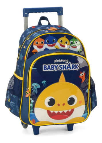 Mochila Com Rodas Azul Baby Shark - Marca Luxcel Desenho Do Tecido Liso