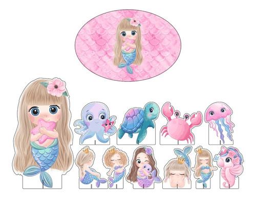 Kit Display + Elipse 62x42cm Festa Sereias Cute Aquarelada