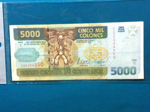Billete De Costa Rica 5000 Colones 1999 Serie C Ex.vf.