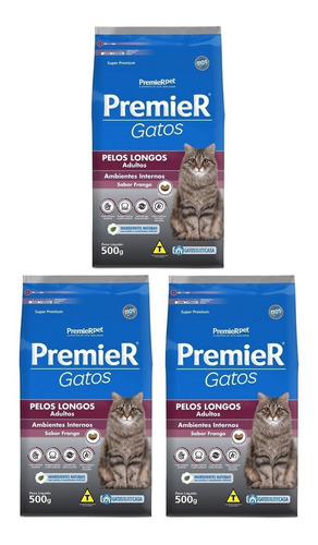 Kit 3un. Ração P/ Gato Adulto Pelo Longo Frango 500g Premier