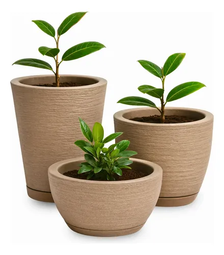 Kit 3 Vasos Para Plantas Polietileno Decoração Casa Jardim Bege Texturizado
