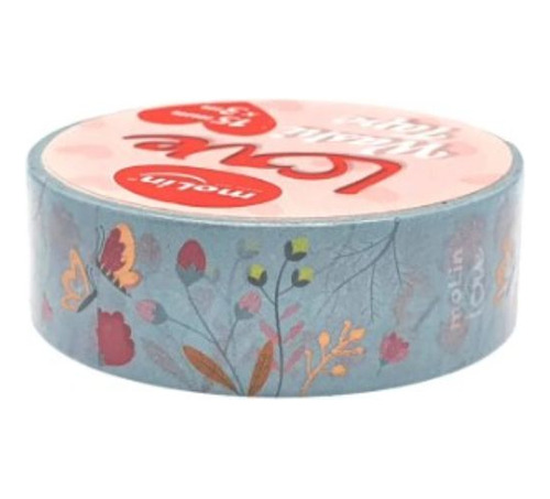 Fita Adesiva Washi Tape Love Azul Claro Flores 3mts - Molin