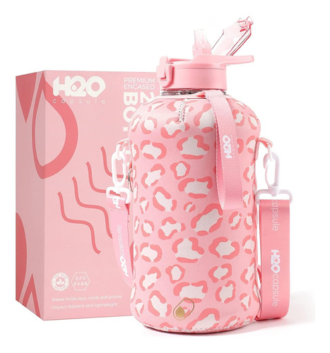 Botella H2o Capsule , Con Popote Y Funda, 2.2l Leopardo Rosa