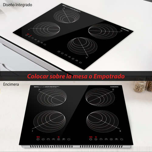 SANGKEE Parrilla De Induccion Electrica De 4 Zonas Con Dos Enchufes, Estufa Táctil Con Digital Sensor 3600w, Control Independiente, Ahorro De Energia, Bloqueo De Seguridad Para Niños, 127V