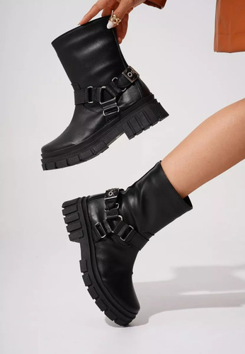 Botas Mujer Negras Botinetas De Dama Cuero Estribos Hebilla