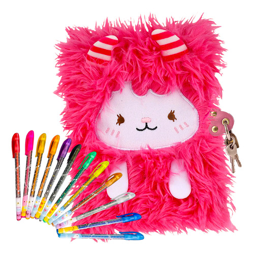 Diario Intimo Peluche + Lapiceras Glitter Candado Y Llaves Fucsia Fluffy 2025
