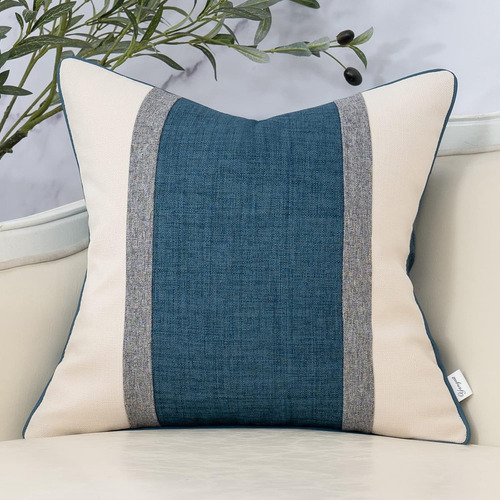 Funda De Almohada Cuadrada De Algodón Y Lino Azul