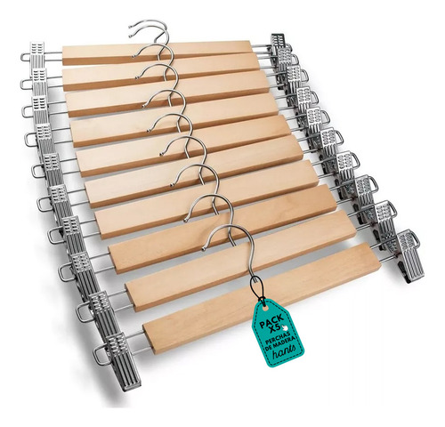 Pack De 5 Perchas 34 Cm De Madera Con Ganchos Hants Broches De Metal Para Pantalon Pollera Organizador De Ropa Hogar
