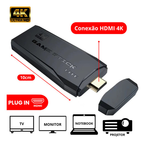 Adaptador Video Game 2 Controles 4k Hdmi Stick +20mil Jogos