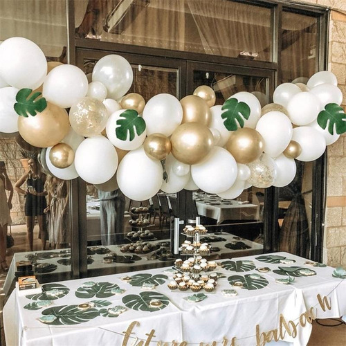 Imagen 3 de 6 de Arco Globos Decorativo Hojas Blanco Dorado Confetti Cumple