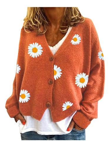 Cuello Manga Larga Cardigan Corto Sueter Estampado Flor