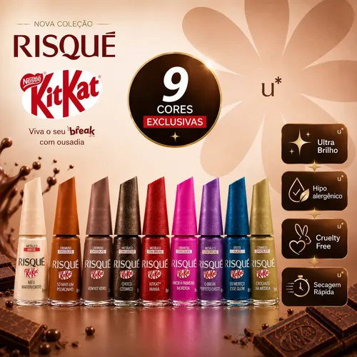 Risqué Kitkat 9 Esmaltes Lançamento Hipoalergênico Kit Kat Kitkat