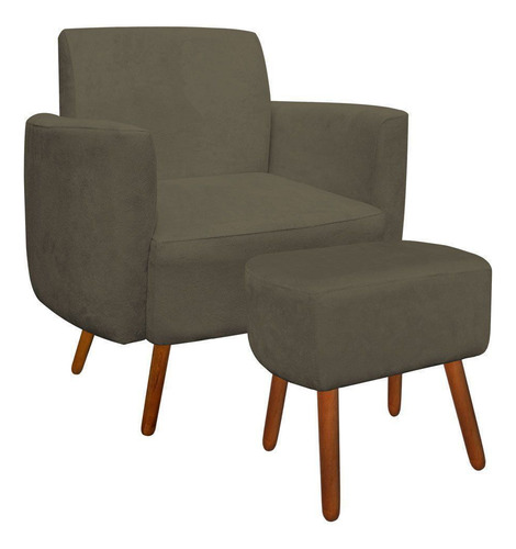 Kit Poltrona E Puff Decorativo Agatha Suede Marrom Rato