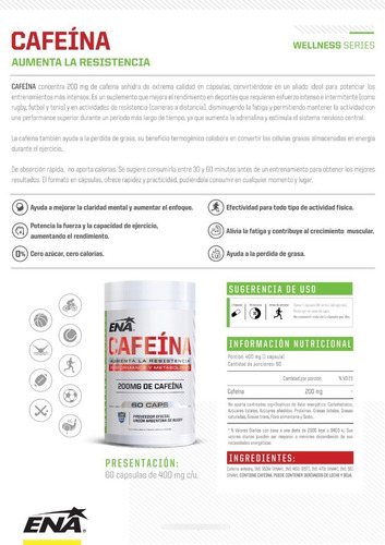 Imagen 2 de 8 de Cafeína 60 Caps Ena Sport