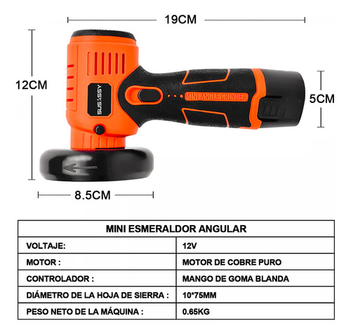 Mini Esmeril Angular Inalámbrica Esmeriladora Pulidora Amolador SUSASSY 3 Inch 12v 18500 Rpm Color Naranja
