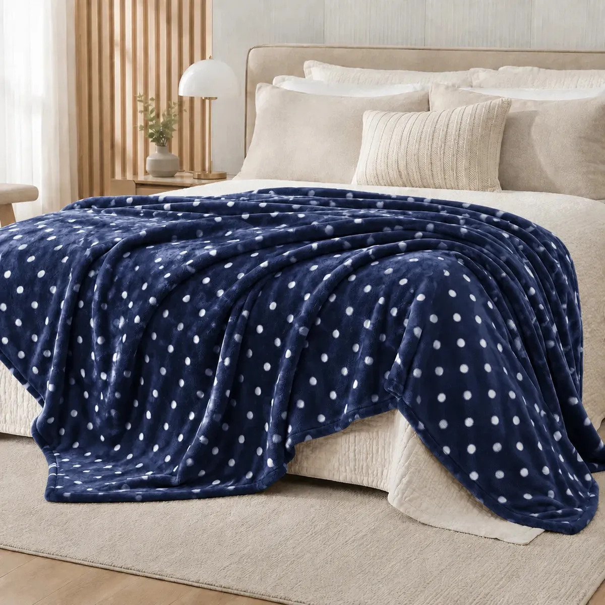 Manta Soft Poá Azul Marinho Bolinhas Para Cama Casal Cobertor Dia A Dia Luxo