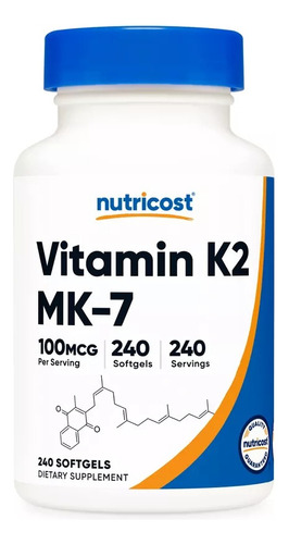 Vitamina K2 Mk-7 240 cápsulas gelatinosas Nutricost Sabor Sem Sabor