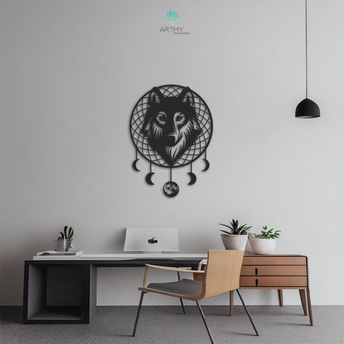 Lobo Atrapa Sueños Cuadro Decorativo Sala Recamara Madera 